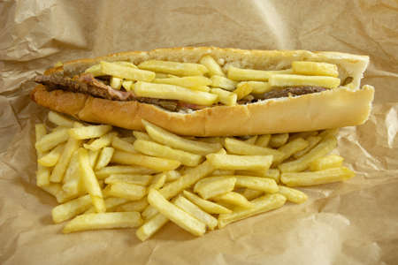 "American" sandwich on a tableの写真素材