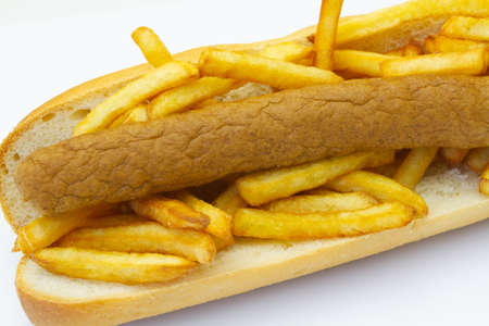 American fricadelle sausage sandwich isolated on a white background