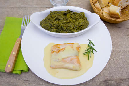salmon fillet in sauce and spinach dishの写真素材