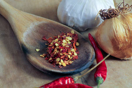 dried chilli flakes in a wooden spoon