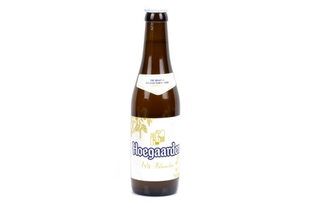 Hoegaarden brand white beer bottle isolated on a white backgroundのeditorial素材