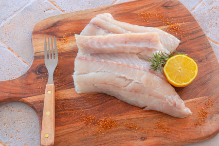 top view of raw coal fish fillet with spices and herbs on wooden board