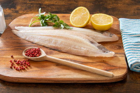fresh raw fish with lemons and herbs on wooden board, ready for cookingの写真素材