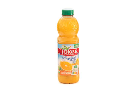 bottle of joker brand orange juice isolated on a white backgroundのeditorial素材