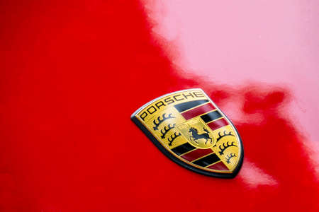 close up of Porsche logo on a carのeditorial素材