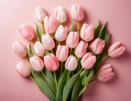 Pink tulips bouquet on pink background. Flat lay, top viewの素材