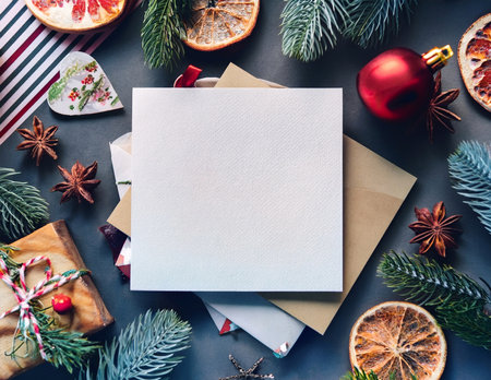 Christmas greeting card mockup. Top view with space for your greetingsの写真素材