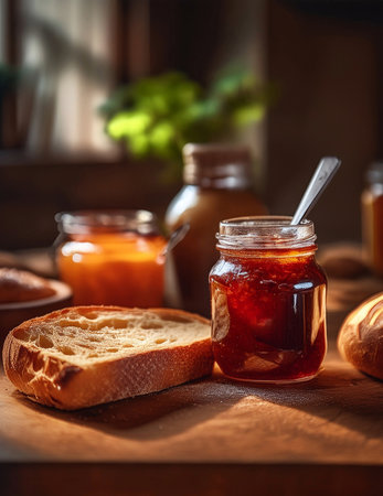 Homemade jam in a glass jar and fresh bread on a wooden tableの写真素材