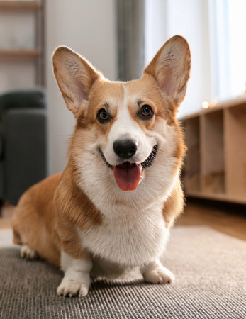 Cute welsh corgi dog on carpet at home, closeupの素材
