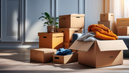 Moving boxes with clothes in room. Concept of moving house. 3d renderingの素材