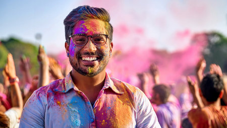 Handsome Indian man covered in colored powder celebrating Holi festivalの素材