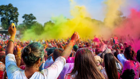 Unidentified people at Holi festival in Kolkata, West Bengal, Indiaの素材