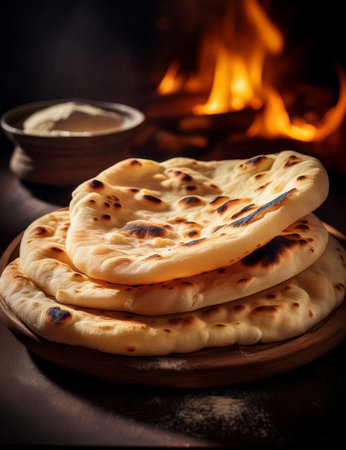 Traditional indian naan bread on wooden plate with fire in backgroundの素材