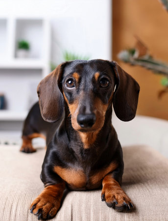 Cute little dachshund puppy sitting on sofa at homeの素材