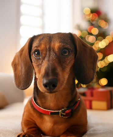 Cute little dachshund dog on sofa in room decorated for Christmasの素材