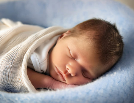 Newborn baby sleeping on soft blue blanket. Shallow depth of field.の素材