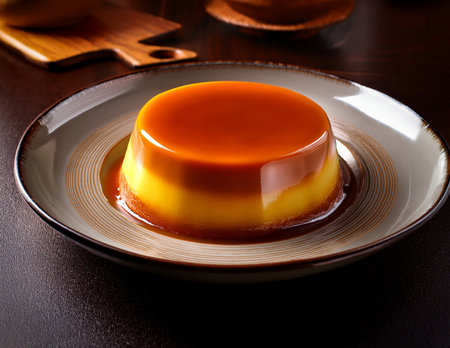 Creamy caramel pudding on a plate on a dark background.の素材