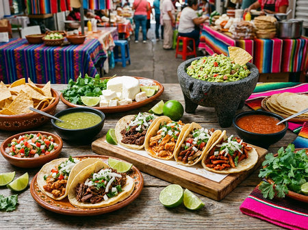 Assortment of Mexican tacos with guacamole, sauces and tortillas at a craft marketの素材