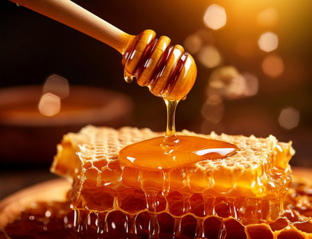 Honey dripping from a wooden honey dipper into a honeycombの素材