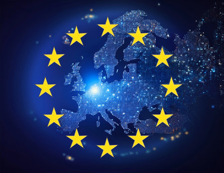 Digital map of Europe surrounded by stars of the European flagの素材
