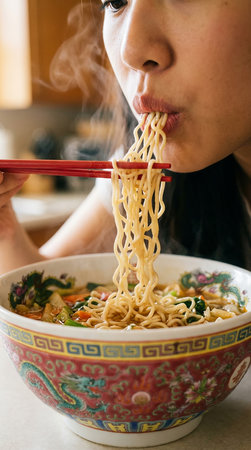 Asian woman eating instant noodle in a bowl with chopsticks.の素材