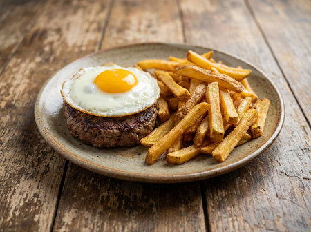 Grilled hamburger with fried egg and french fries on wooden tableの素材