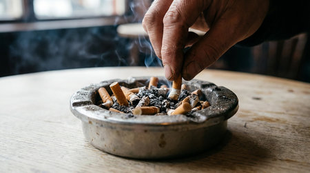 Cigarette butts in ashtray on wooden table.の素材