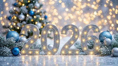 New Year's composition with silver numbers 2020 and christmas tree on bokeh backgroundの素材
