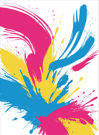 Abstract vector illustration of dynamic sports background with textured strokes in blue, magenta, and yellow splatter brush, creating a vibrant visual impact.のイラスト素材