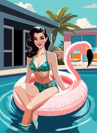 1950s sexy Pin Up girl in a swimsuit on an inflatable flamingo in the pool.のイラスト素材