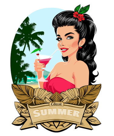 Beautiful pin up girl with cocktail on the beach with cherry drink, classic summer Vector illustration.のイラスト素材