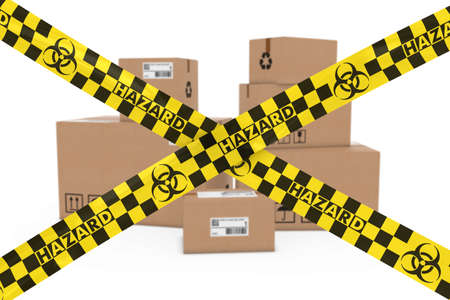 Biological Hazard Parcels Concept - Stack of Cardboard Boxes behind Biohazard Tape Crossの写真素材