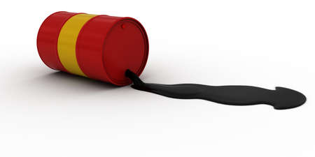 Red and Yellow Painted Oil Barrel Leaking Crude Oil 3D Illustrationの写真素材