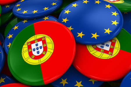 Flag Badges of Portugal and Europe in Pile - Concept image for Portuguese and European Relationsの写真素材