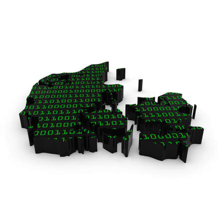 Danish Technology Industry Concept Image - 3D Illustration Map Outline of Denmark with Green Binary Codeの写真素材