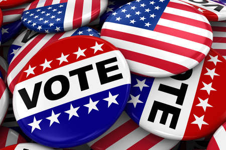 US Elections Concept Image - Mix of Vote and American Flag Badges in Pile - 3D Illustrationの写真素材