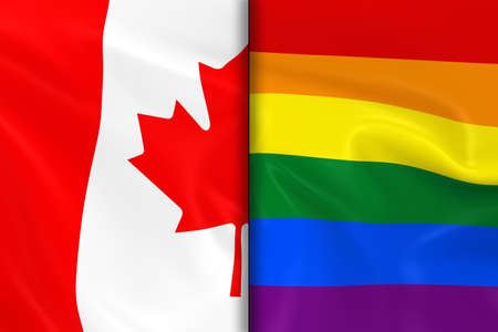 Flags of Gay Pride and Canada Split Down the Middle - 3D Render of the Gay Pride Rainbow Flag and the Canadian Flag with Silky Textureの写真素材
