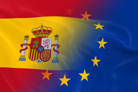 Spanish and European Relations Concept Image - Flags of Spain and the European Union Fading Togetherの写真素材