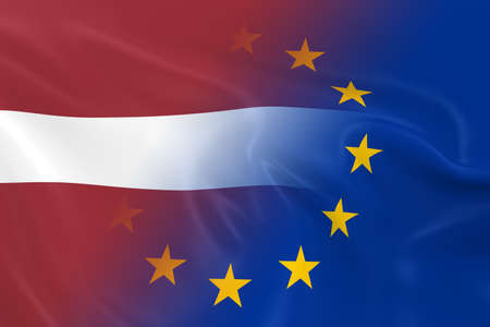 Latvian and European Relations Concept Image - Flags of Latvia and the European Union Fading Togetherの写真素材