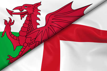 Flags of Wales and England Divided Diagonally - 3D Render of the Welsh Flag and English Flag with Silky Textureの写真素材