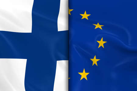 Flags of Finland and the European Union Split Down the Middle - 3D Render of the Finnish Flag and EU Flag with Silky Textureの写真素材