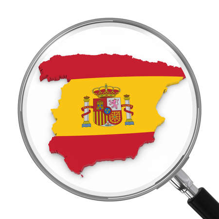 Spain under Magnifying Glass - Spanish Flag Map Outline - 3D Illustration