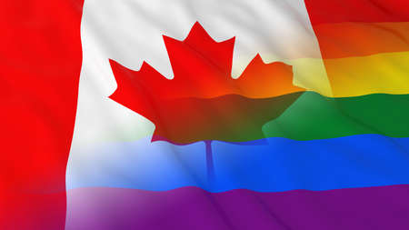 Gay Pride in Canada Concept - Merged Rainbow Flag and Canadian Flag 3D Illustrationの写真素材
