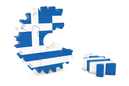 Greek Flag Gear Puzzle with Piece on Floor 3D Illustrationの写真素材