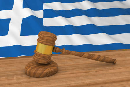 Greek Law Concept - Flag of Greece Behind Judge's Gavel 3D Illustrationの写真素材