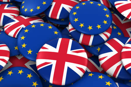 United Kingdom and Europe Badges Background - Pile of British and European Flag Buttons 3D Illustrationの写真素材