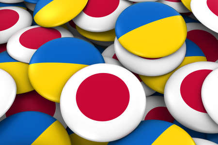 Japan and Ukraine Badges Background - Pile of Japanese and Ukrainian Flag Buttons 3D Illustrationの写真素材