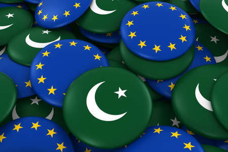 Pakistan and Europe Badges Background - Pile of Pakistani and European Flag Buttons 3D Illustrationの写真素材
