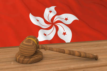 Hong Kongese Law Concept - Flag of Hong Kong Behind Judge's Gavel 3D Illustrationの写真素材