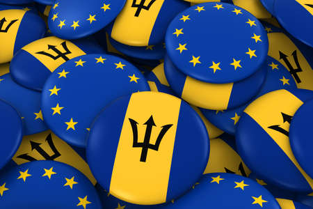 Barbados and Europe Badges Background - Pile of Barbadian and European Flag Buttons 3D Illustrationの写真素材
